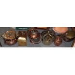 A group of 19th century copper and brass including twin-handled pans, coal scuttles, letter box, jam