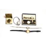 An 18ct gold lady's wristwatch, a 9ct gold lady's wristwatch and four other watched (6)