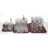 Three trays of various glassware including Schott champagnes, a set of ten wines engraved, A pair of