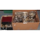 Two boxes of silver plate and EPNS flat and hollow wares