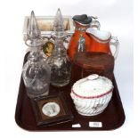 A George III inlaid mahogany tea caddy, porcelain caddy of similar date, two Wedgwood jugs, portrait