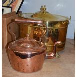 A 19th century brass twin-handled coal bucket with lid on paw feet; together with a copper kettle of