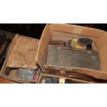 Late 19th/early 20th century printing shop contents: A box containing scales, tins and other