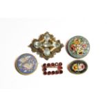 Three micro mosaic brooches including one depicting two doves with a rope twist frame, 2.5cm