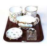 A Royal Crown Derby loving cup, another loving cup, Meisson saucer, silver capped inkwell (4)