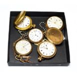 Three gold plated pocket watches signed Waltham and two other gold plated pocket wacthes signed Thos