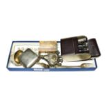 A small quantity of silver, a cased mixing set, a boxed set of Guinness gilt metal lapel buttons,