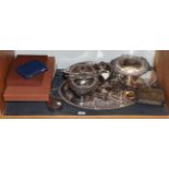 A collection of silver pate, including twin handled tray, flatware, entree dish etc