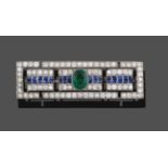 An Art Deco Diamond, Sapphire and Emerald Brooch, the oblong panel formed of three sections to an