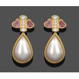 A Pair of Diamond, Pink Tourmaline and Mabe Pearl Drop Earrings, a row of five graduated round