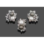 A Pair of South Sea Cultured Pearl and Diamond Earrings and A South Sea Cultured Pearl and Diamond