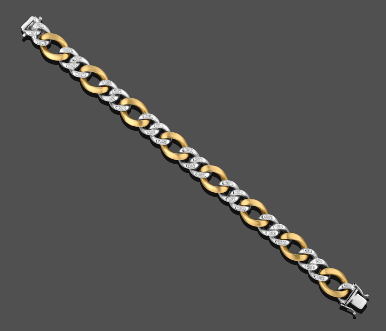 An 18 Carat Two-Colour Gold Diamond Set Flat Curb Link Bracelet, pairs of white links inset with