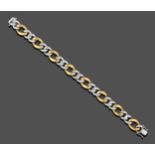 An 18 Carat Two-Colour Gold Diamond Set Flat Curb Link Bracelet, pairs of white links inset with