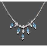 An Aquamarine and Diamond Necklace, four clusters of four round brilliant cut diamonds alternate