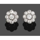 A Pair of Diamond Cluster Earrings, an old cut diamond within a border of eight smaller old cut