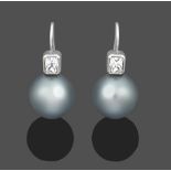 A Pair of Grey Cultured Pearl and Diamond Drop Earrings, a cushion cut diamond in a white rubbed