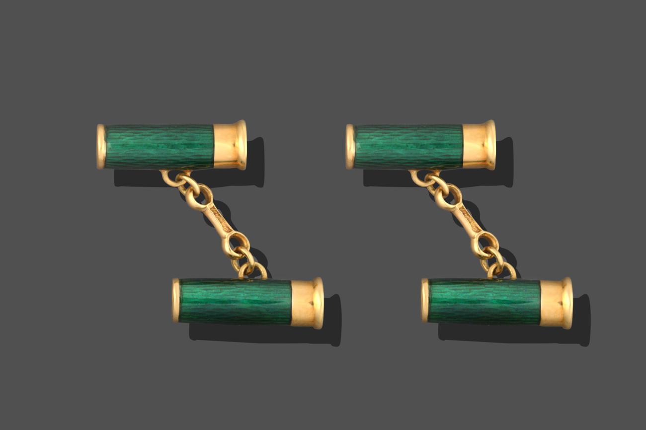 A Pair of 18 Carat Gold Green Enamelled Cufflinks, by Cartier, in the form of two chain linked gun