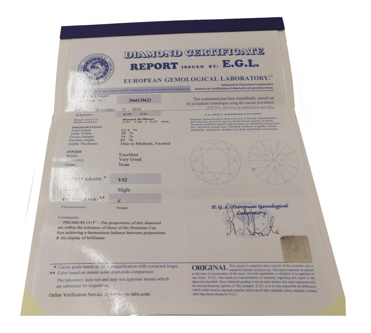 A Loose Round Brilliant Cut Diamond, weighing 0.76 carat approximately not illustrated The diamond - Image 2 of 2