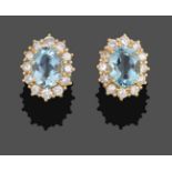 A Pair of 18 Carat Gold Aquamarine and Diamond Cluster Earrings, the oval cut aquamarines within a