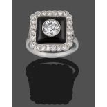 An Art Deco Onyx and Diamond Cluster Ring, an old cut diamond centres a square onyx plaque within