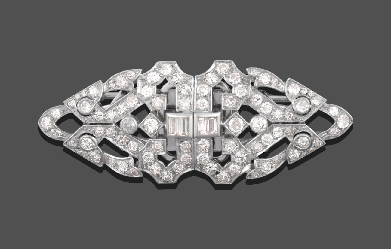 An Art Deco Diamond Double Clip Brooch, the geometric form inset with baguette cut, old cut and