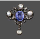 A Sapphire, Diamond and Mabe Pearl Brooch, circa 1890, an oval cut sapphire in a yellow claw setting