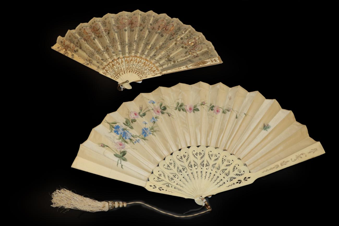 Three Fans: The first, circa 1890's, a large painted fan with double paper leaf,