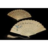 Three Fans: The first, circa 1890's, a large painted fan with double paper leaf,