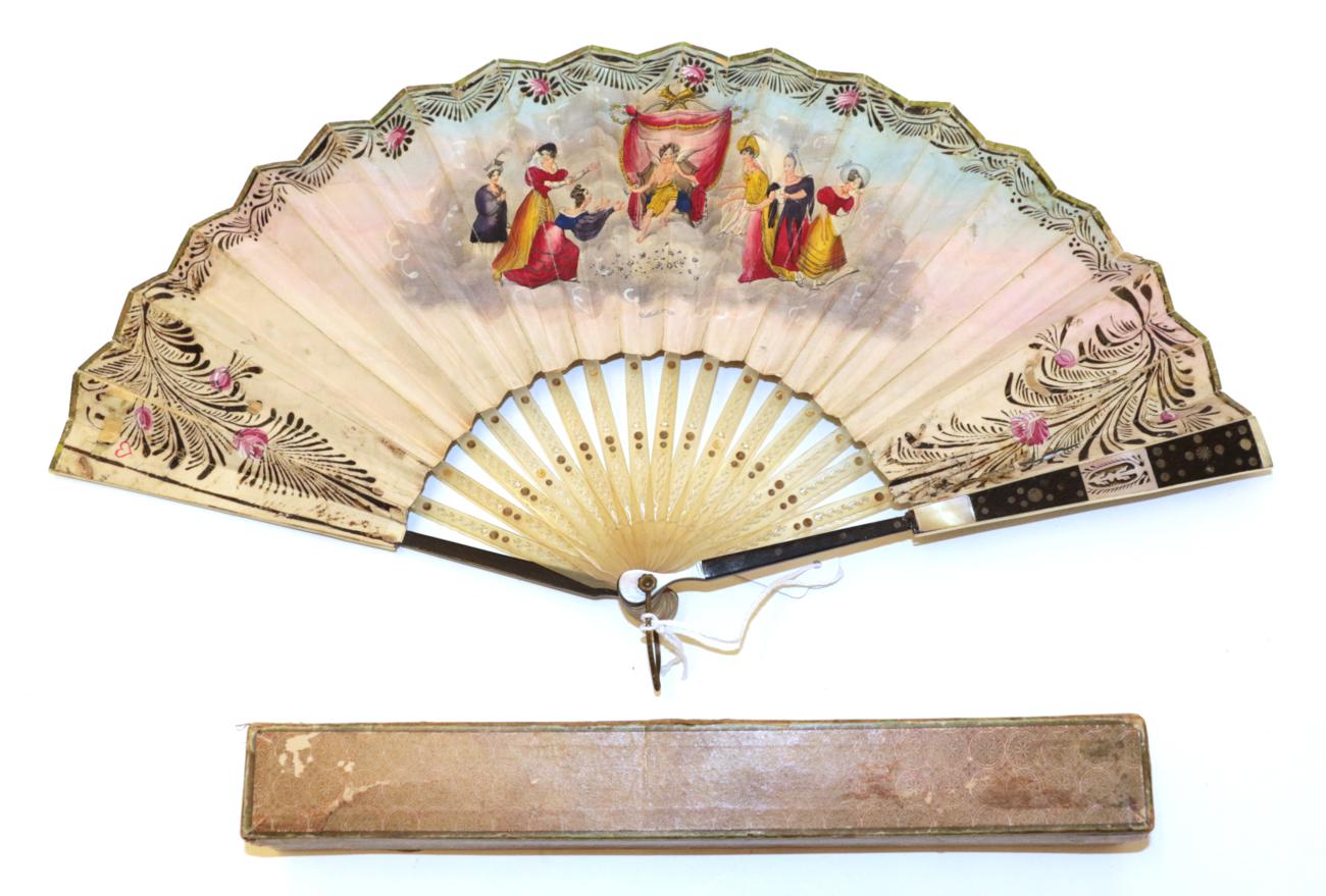 A Circa 1830's Wood and Horn Fan, the monture having wood guards dyed black, - Image 2 of 2