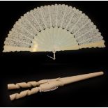 A Late 19th Century Ivory Fan, the monture and loop slightly shaped but otherwise plain,