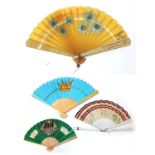 A Folding Fan with extra guards forming a handle, the cream silk leaf applied with bands of red,