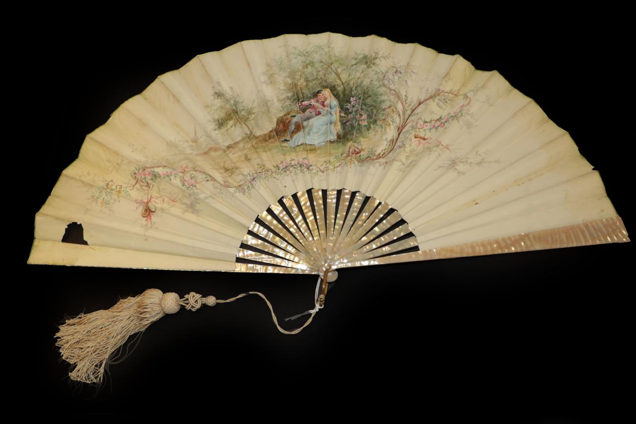 Three Fans: The first, circa 1890's, a large painted fan with double paper leaf, - Image 3 of 5