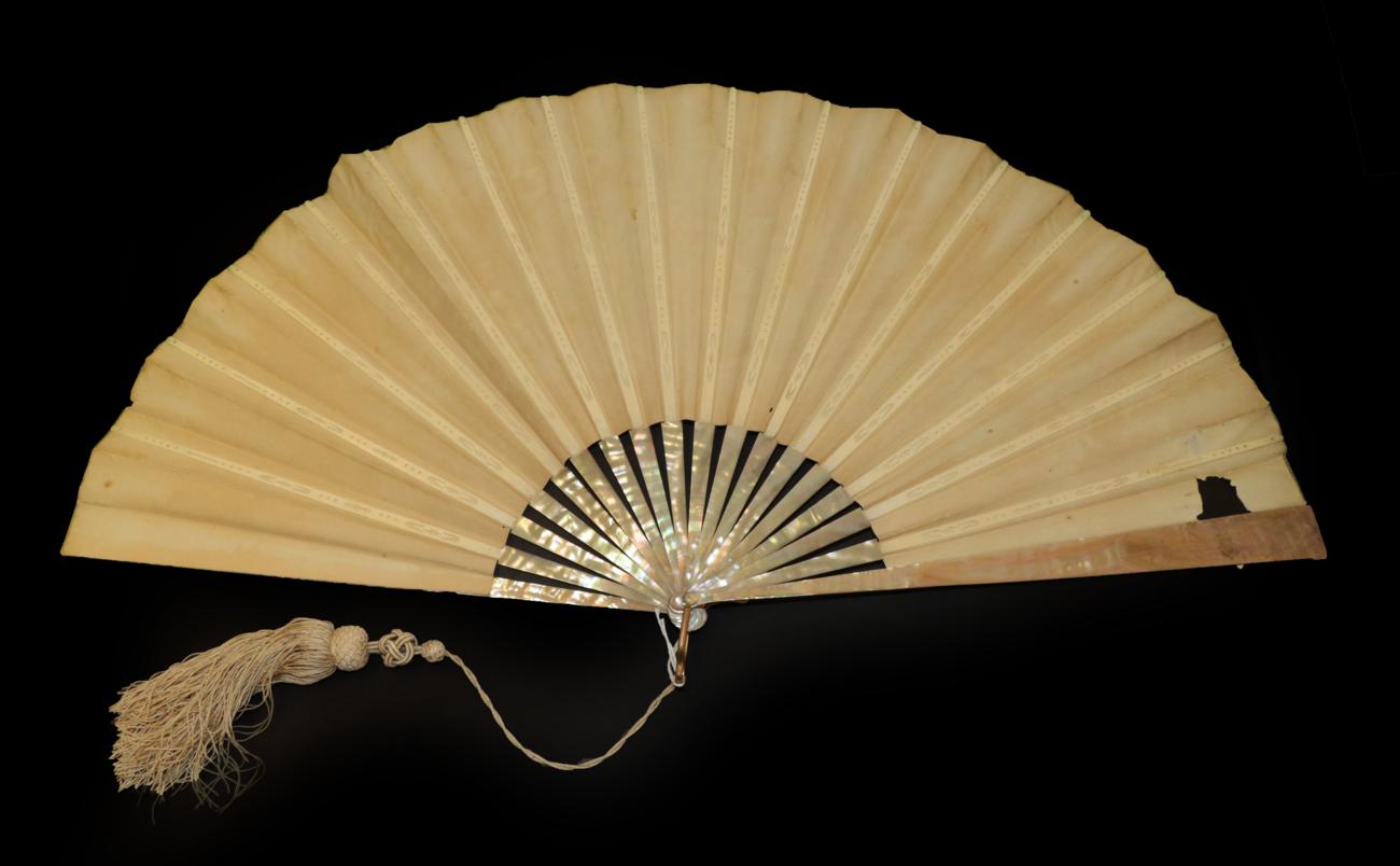 Three Fans: The first, circa 1890's, a large painted fan with double paper leaf, - Image 4 of 5