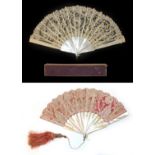 An Unusual Circa 1880's Lace Fan, the leaf a tape lace with varied needle lace fillings,