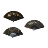 Three Late 19th Century Painted Fans, all mounted on black.