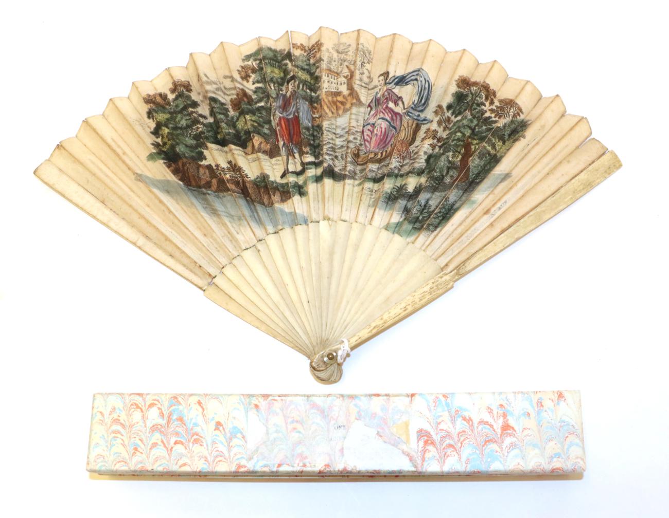 A Late 18th Century Bone Fan, the double paper leaf printed and hand coloured,