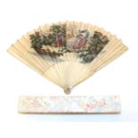 A Late 18th Century Bone Fan, the double paper leaf printed and hand coloured,