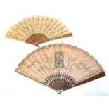 An Early 20th Century Cream Gauze Fan embroidered with gold sequins and spangles,