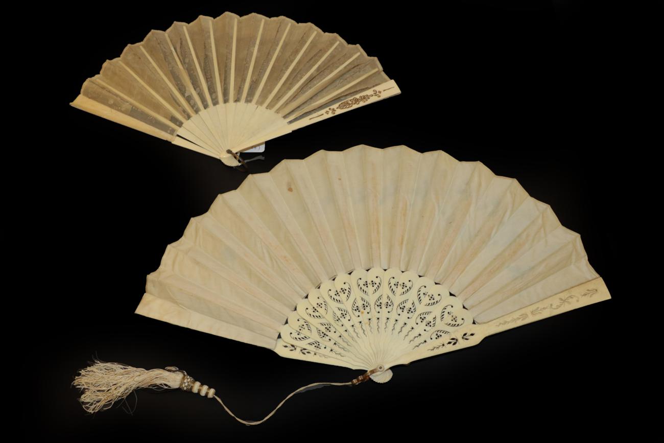 Three Fans: The first, circa 1890's, a large painted fan with double paper leaf, - Image 2 of 5