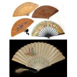 Three 19th Century Wood Brisé Fans, to include a small example painted with roses and leaves.