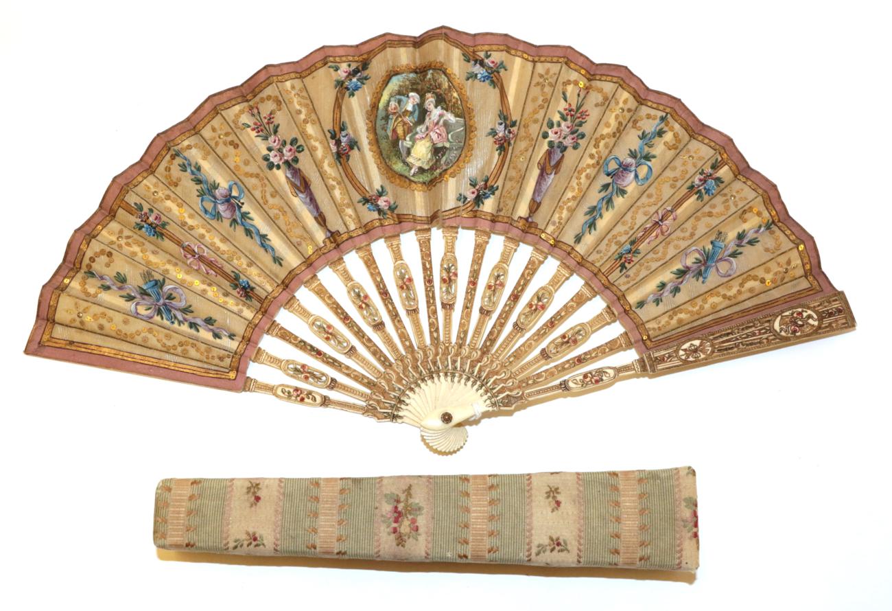 An Attractive Early 20th Century Silk Fan, being a pastiche of an earlier French fan,