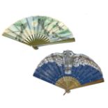 Owl and Dragonflies: Two Early 20th Century Gauze Fans, the first with a shaped,