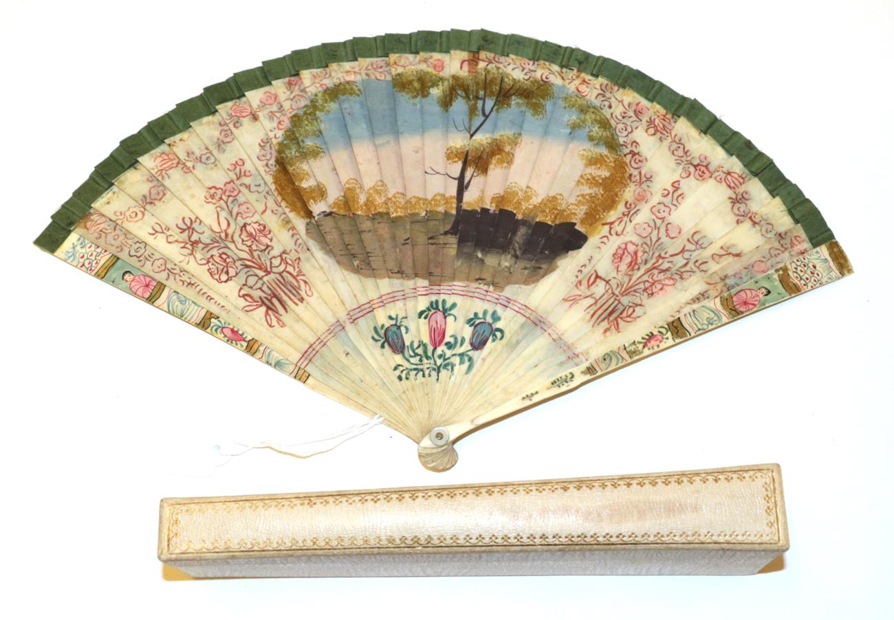 An 18th Century Ivory Brisé Fan, ribboned in green silk, - Image 2 of 2