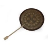 A Very Unusual Face Screen or Fixed Fan, the circular screen fixed to a turned bone handle,