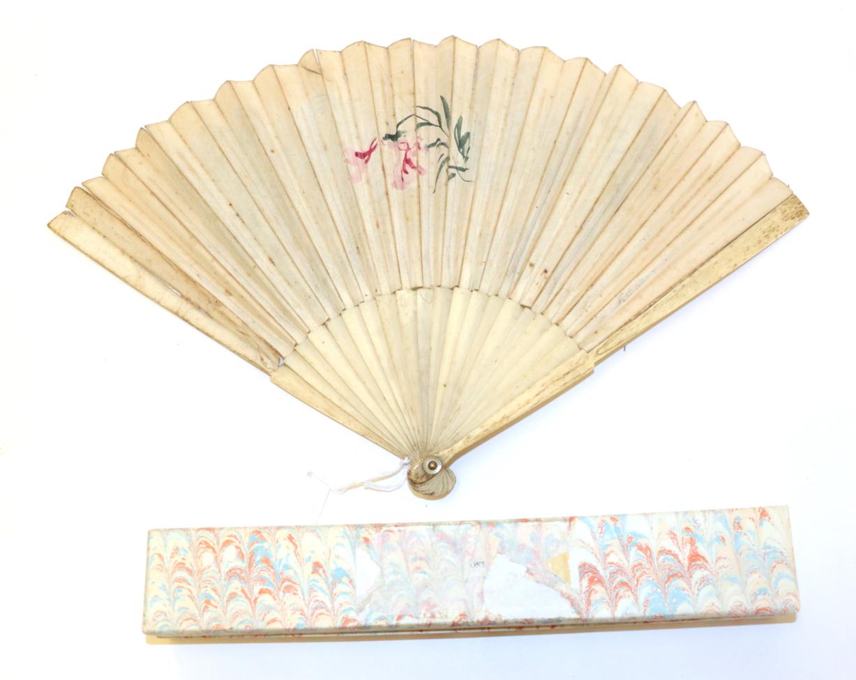 A Late 18th Century Bone Fan, the double paper leaf printed and hand coloured, - Image 2 of 2