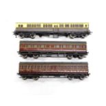 Constructed OO Gauge Kits GWR Autocoach 219 unpowered and two LMS/MR Clerestory coaches one 2nd, one