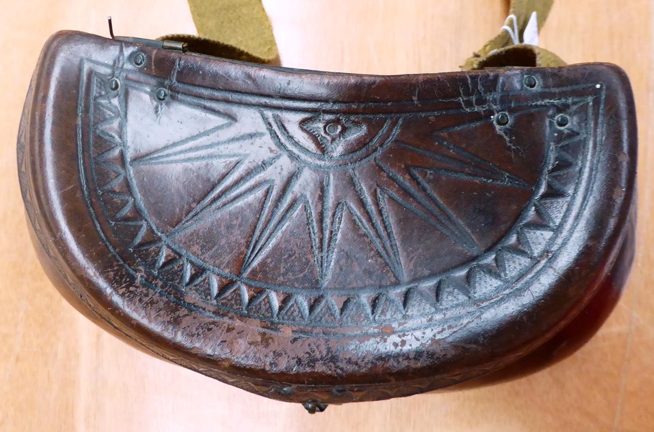 Rare Leather Pot Bellied Creel with embossed lid, brass fittings and canvas strap 13x6x7''In fine - Image 2 of 8