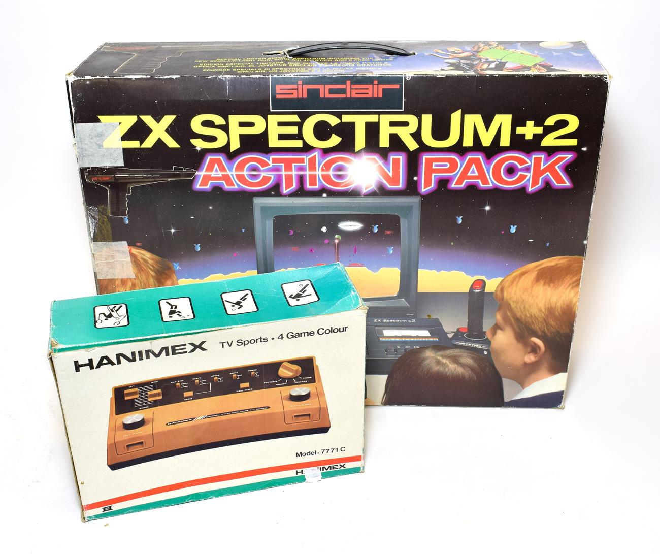 Sinclair ZX Spectrum+2 Action Pack together with a Hanimex TV Sports 4 Game Colour (both boxed) (2)
