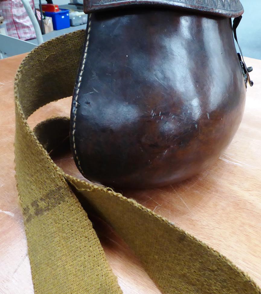 Rare Leather Pot Bellied Creel with embossed lid, brass fittings and canvas strap 13x6x7''In fine - Image 8 of 8