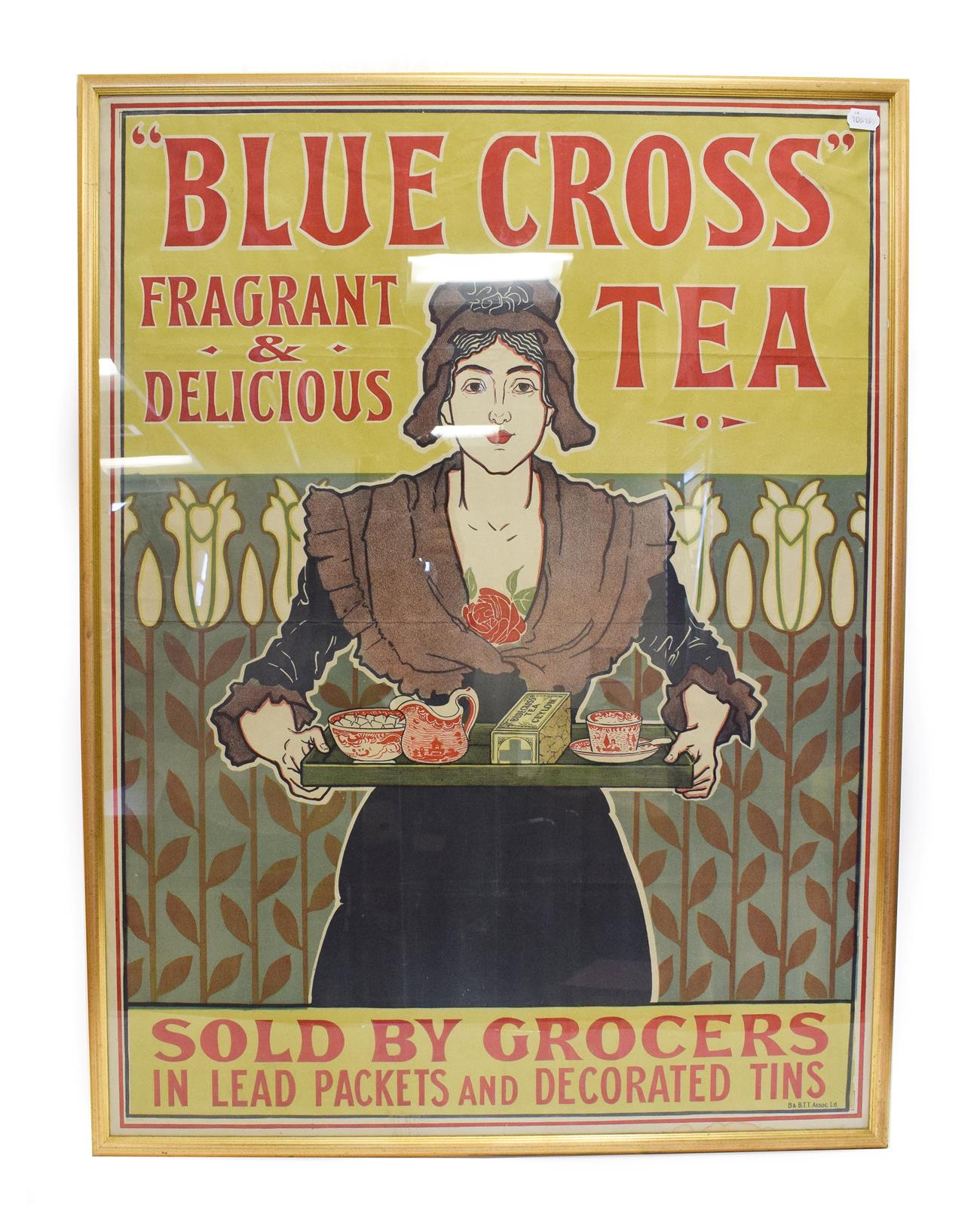 Blue Cross Tea - Fragrant & Delicious Poster depicting a lady carrying a tray of tea and